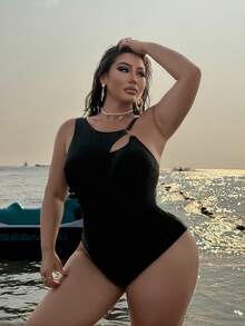 Swim Vcay 大码女式纯色镂空连体泳衣 - 黑色 - 查看 4