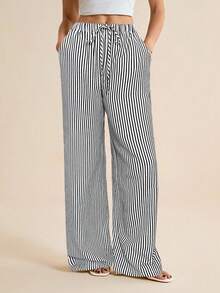 SHEIN Tall Casual Knotted Elastic Waist Striped Women Pants - Black and White - View 3
