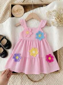 SHEIN Baby Girl Summer Casual Striped Dress With 3D Floral Decor - Pink - View 12