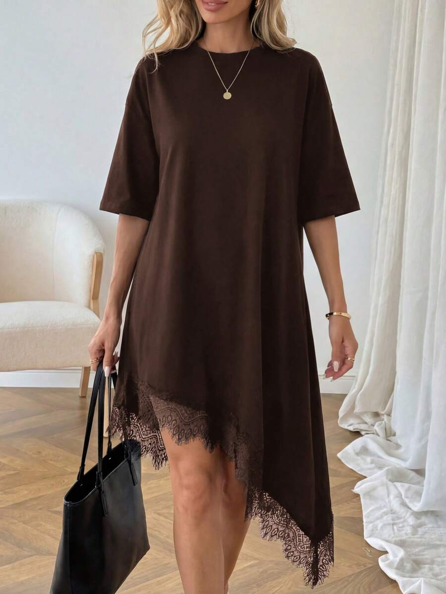 SHEIN LUNE Women's Casual Solid Color Lace Patchwork Summer Vacation Commute Daily Basic Fashion Asymmetrical Hem Short Sleeve Mid-Length Dress