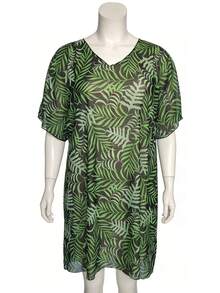 Swim Lushoire Plus Size Summer Tropical Print Cover Up Dress Without Bikini - Multicolor - View 7