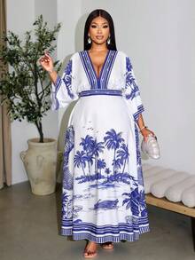 SOLERSUN Robe ample à col V, manches chauve-souris, taille élastique plissée, nœud papillon dans le dos, coupe évasée, imprimé rayures, blocs de couleur bleu, étoile de mer peinte à la main. Convient pour le port quotidien, les sorties décontractées, les rendez-vous, la Saint-Valentin, les voyages, les vacances à la plage, le Nouvel An, les festivals de musique, les carnavals. Style sexy, élégant et bohème pour femmes à la mode. - Bleu azur - Voir 2