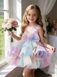 Glamorique Kids Robe de princesse en tulle pour filles, jupe bouffante, robe de demoiselle d'honneur pour anniversaire, costume de danse pour enfants - Rose bonbon - Voir 2