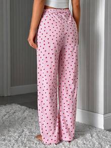 SHEIN Cotton Pink Striped With Strawberry Pattern With Fake Drawstring Detail Long Pants Homewear Comfort Casual Women Sleep Bottom - Pink - View 2