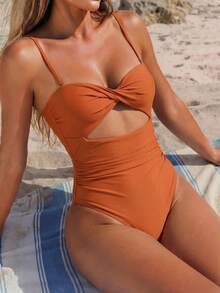 SHEIN Swim 夏季海灘中空荷葉邊連體泳衣 - 亮橙色 - 查看 4