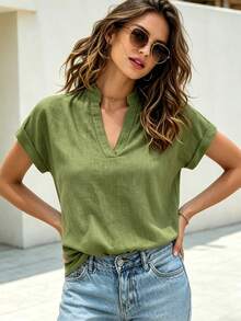 EMERY ROSE Áo thun nữ tay ngắn cổ chữ V màu trơn, kiểu dáng thường ngày, đa năng. - xanh quân đội - Xem 5