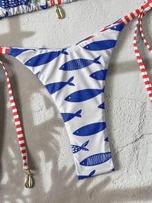 Swim Vcay White And Blue Fish Print Bikini Set,Women's 2 Pieces Swimwear For Summer,Tropical Holiday,Pool Party,Vacation,Holiday Sunbathing Yummy Control Suit - Multicolor - View 3