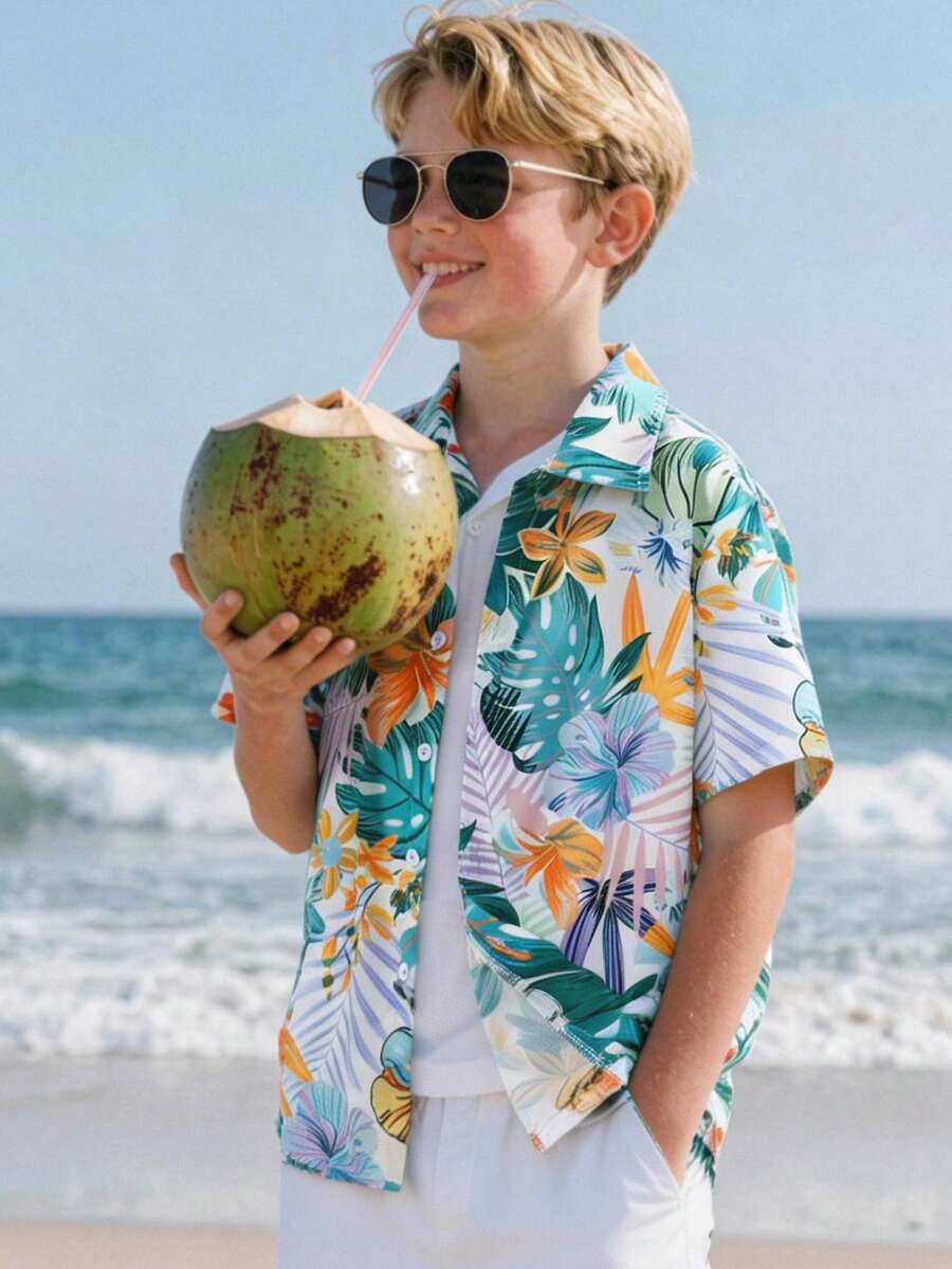 Fantacosmos Tween Boy Cute Vacation Graphic Print Shirt, Suitable For Beach, Holiday, Travel - Blue - View 1