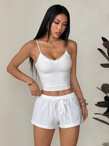 SHEIN PETITE 2 chiếc quần short nữ bằng vải lanh kẻ sọc mới - Nhiều màu - Xem 6