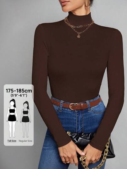 SHEIN Tall Simple Solid Color Slim High Collar Brown Top Suitable For Autumn And Winter