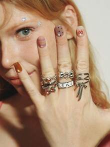 Popjeli 6pcs/Set Fashionable Pink Crystal Bow Heart Zirconia Rings, Y2K Shiny Zirconia Rings For Women And Girls, Party Jewelry - 6-piece Set - View 5