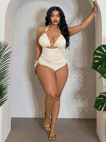 Slaydiva New Wavy Hollow Design Plus Size One-Piece Swimsuit, Slimming High Waist Ruched One-Piece Swimsuit For Women - White - View 1