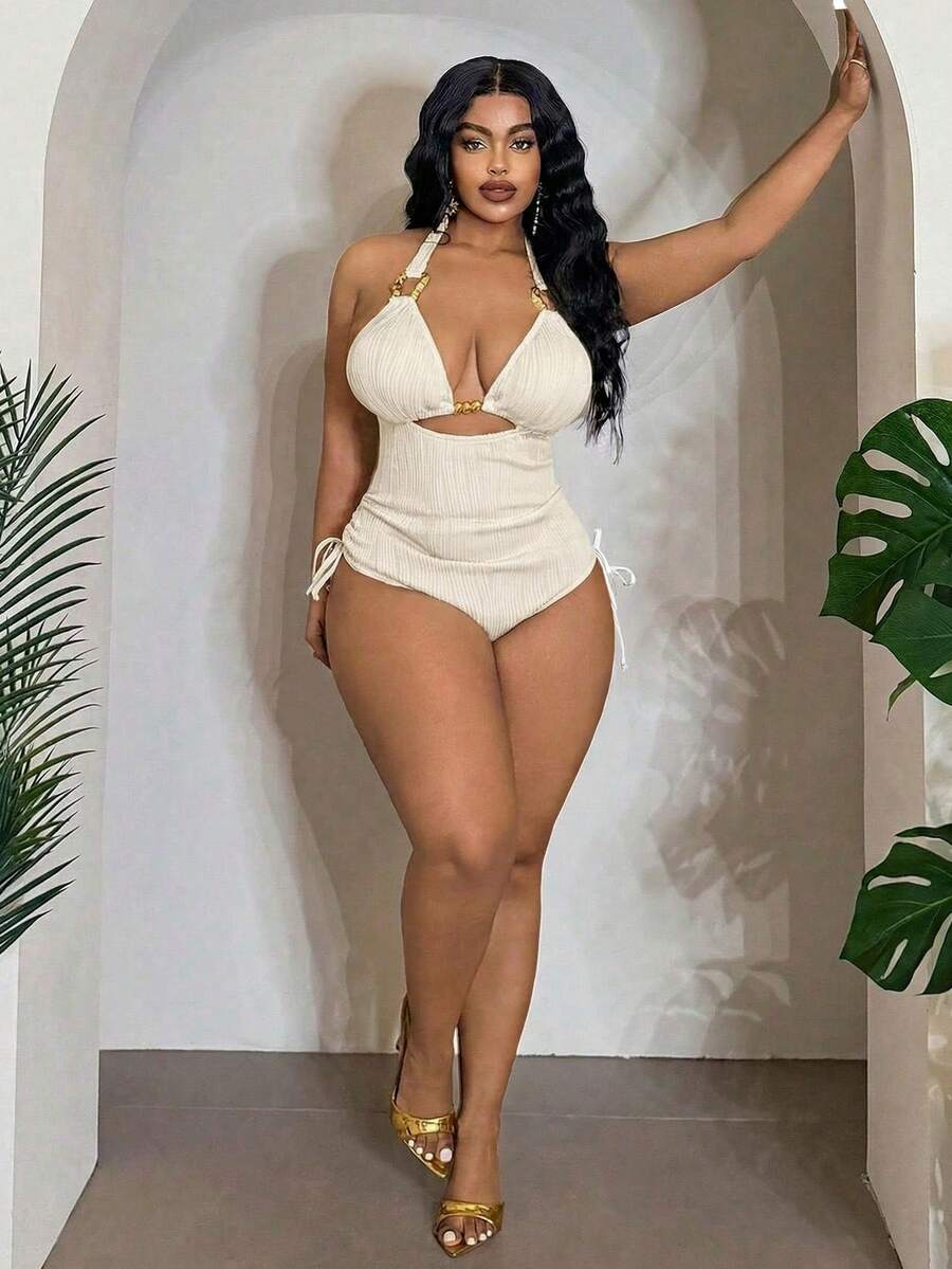 Slaydiva New Wavy Hollow Design Plus Size One-Piece Swimsuit, Slimming High Waist Ruched One-Piece Swimsuit For Women - White - View 1
