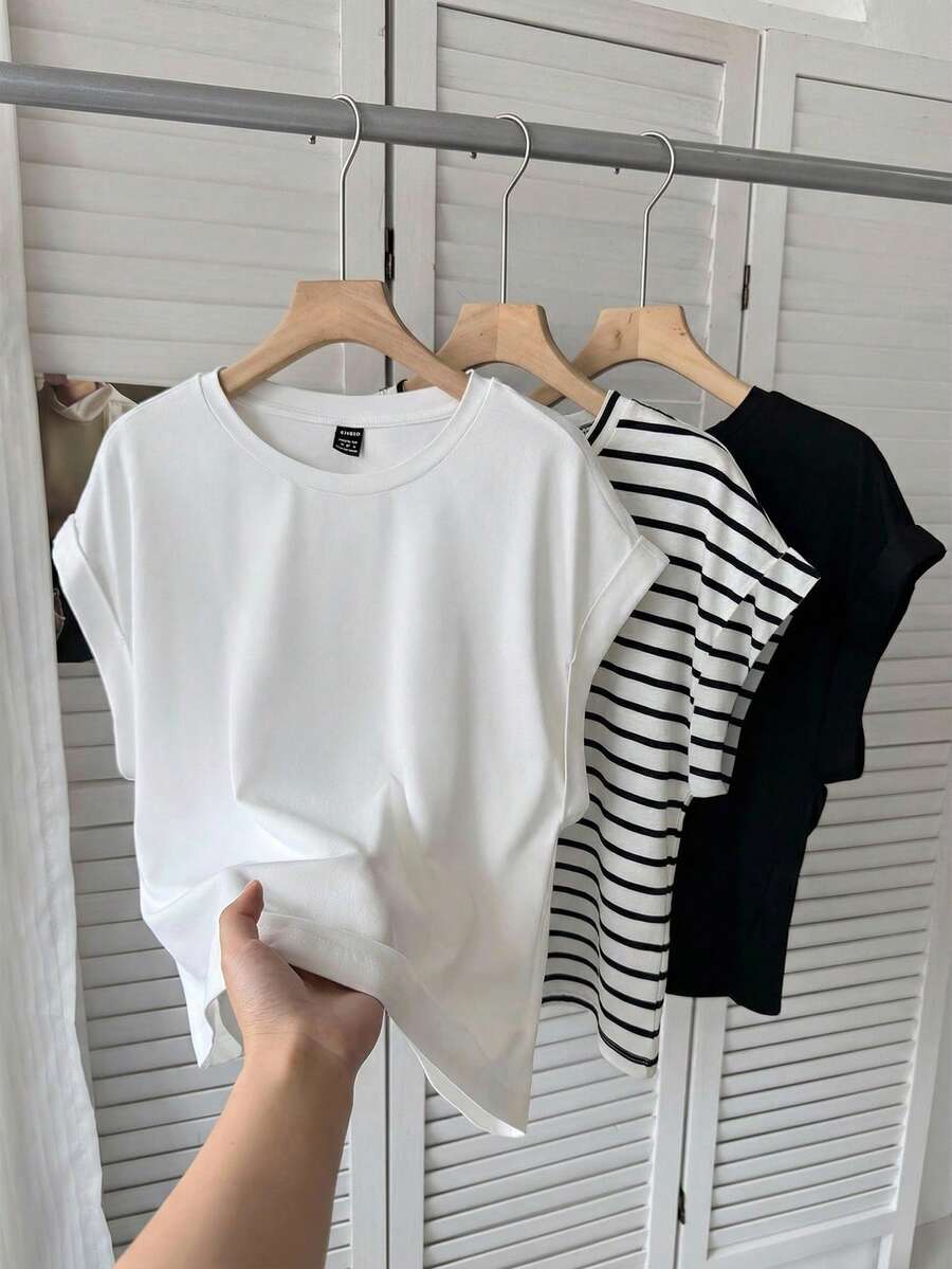 SHEIN LUNE Set de 3 camisetas casuales de mujer de cuello redondo y hombros caídos, en blanco y negro + rayas blancas y negras, adecuadas para primavera y verano - Multicolor - Ver 1