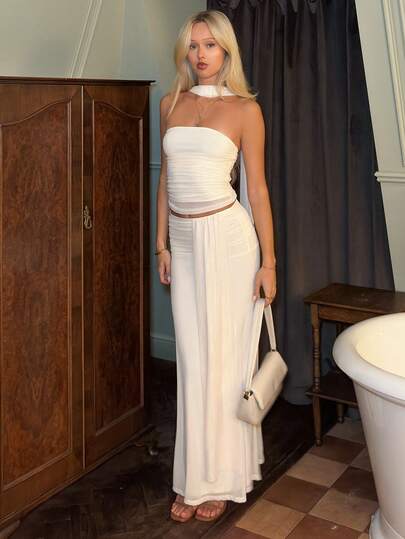 Theaadoraa 2 件套：粉色褶皱抹胸短款上衣和低腰褶皱荷叶边长裙，网眼材质，海滩度假装，波西米亚风露背长裙，女士演唱会服装，伴娘礼服套装，春夏