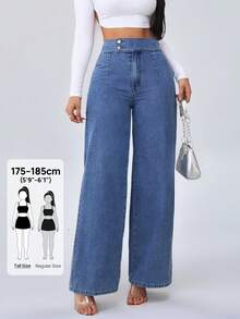 SHEIN Tall 女士牛仔裤高腰休闲宽松阔腿裤蓝色款直筒裤 - 中等水洗藍 - 查看 10
