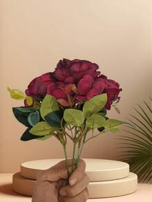 1/2 枝人造牡丹、丝绸绣球、仿真玫瑰和菊花花束，适合秋季婚礼花瓶、家居、餐厅和卧室装饰、节日和生日派对用品以及户外花园装饰。 - 酒紅色 - 查看 3