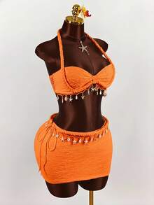 Amplova Rope, Starfish & Shell Pendant Decor Crop Top & Mini Skirt 2 Pieces Set,Vacation Outfits Women - Orange - View 11