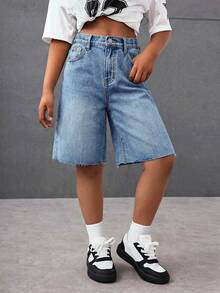 Quần short jean jorts baggy cho bé gái tuổi teen, cạp vừa thấp, denim phong cách Y2K, mặc mùa hè - Rửa trung bình - Xem 3