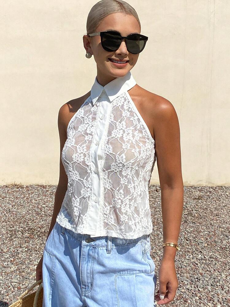 Women's Solid Color Contrast Lace Lapel Sheer Elegant Vacation Summer Vest Jacket
