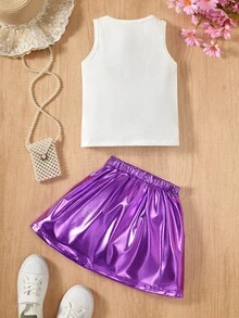 Conjunto de camiseta de tirantes y falda plisada de unicolor para niña - Multicolor - Ver 2