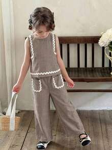 LMoss Kids 2pcs Young Girl Woven Solid Color Round Neck Camisole And Loose Casual Pants Set - Khaki - View 5