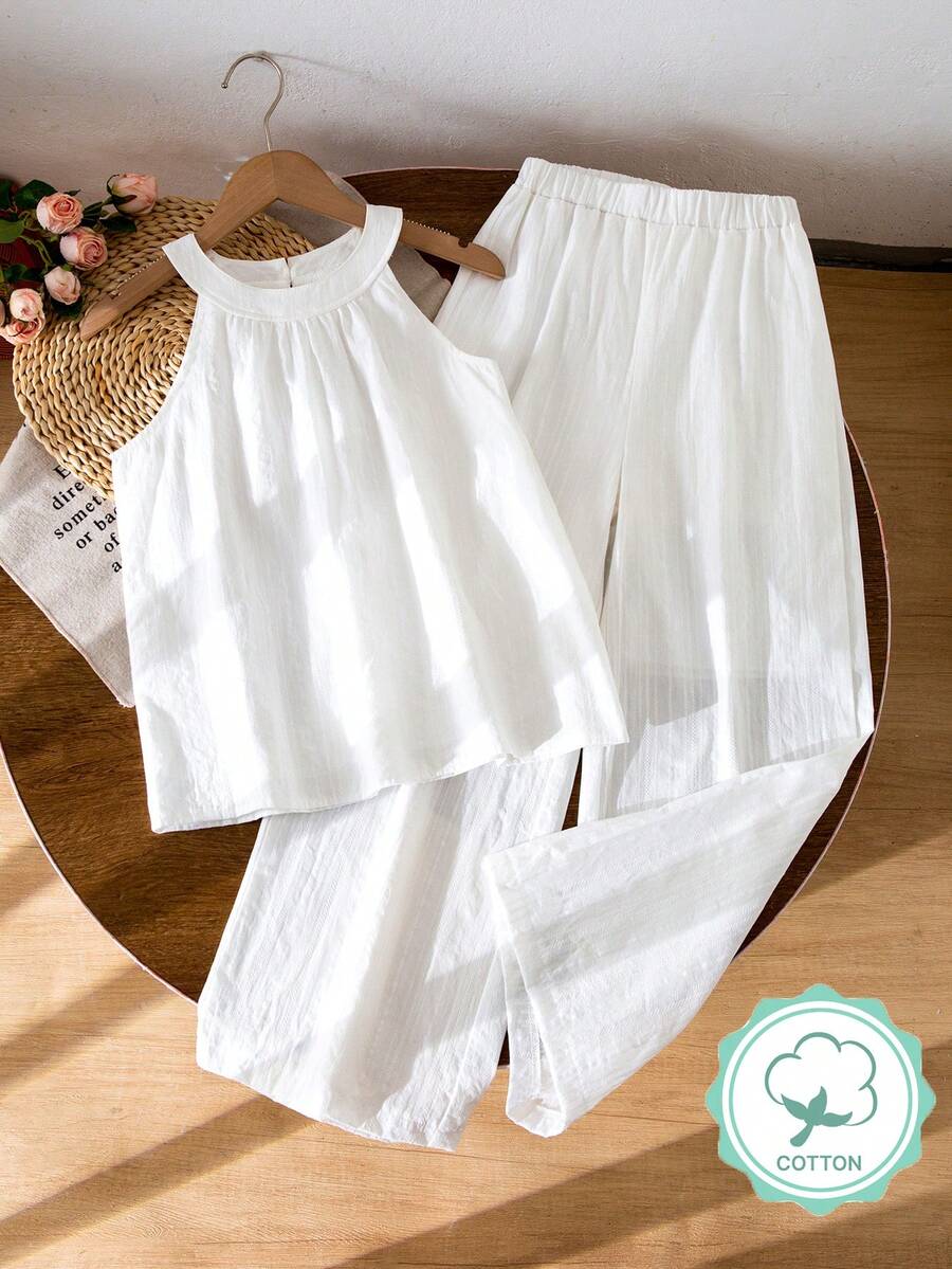 SHEIN Sparklyn 100%纯棉，夏季，波西米亚风，床单，度假，柔软舒适，少女纯色无袖T恤和裤子套装 - 白色 - 查看 1