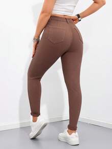 SHEIN ICON 女士休闲日常口袋纽扣牛仔裤 - 棕色 - 查看 2