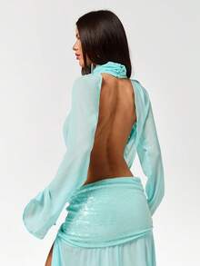 SHEIN ICON 女士宽松度假休闲蝙蝠袖上衣，高领露背褶皱细节衬衫，优雅外出之选 - 淺藍色 - 查看 6