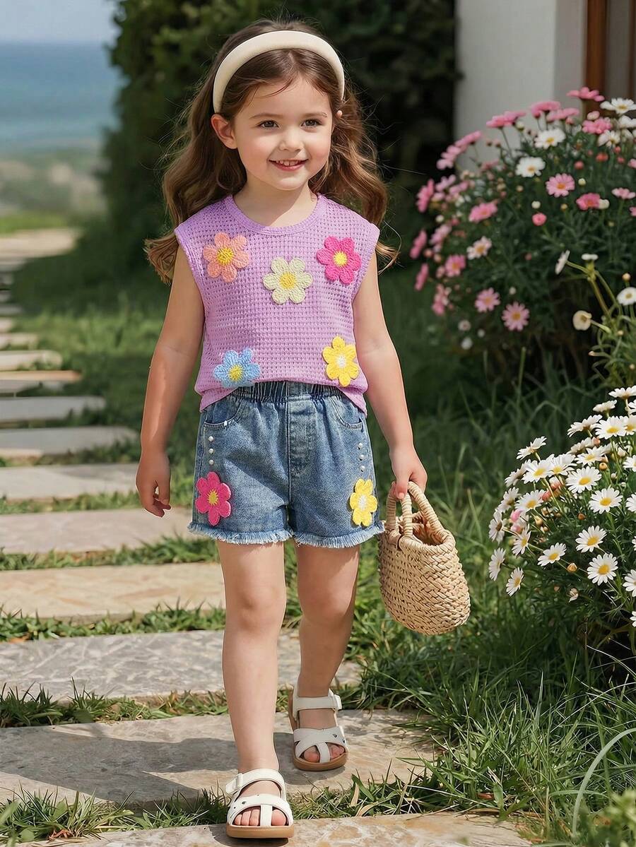 SHEIN Vintaside Kids 女童休闲可爱图案圆领插肩袖钩编面料彩色3D花朵T恤和松紧腰流苏珍珠彩色花朵装饰牛仔短裤套装