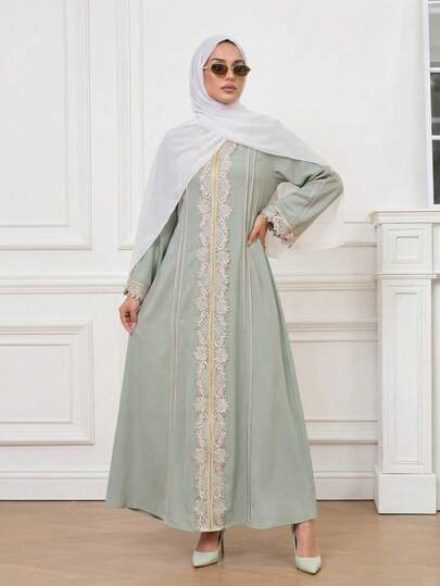 Calvaya Women's Loose V-Neck Ruffle Hem Long Sleeve Robe, Turkish Abaya, Arab Long Robe Fall Cloth For Women