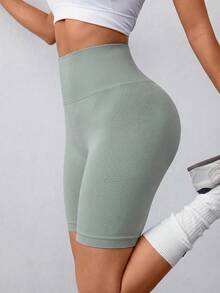 SHEIN Sports 女士纯色高腰休闲健身短裤 - 薄荷綠 - 查看 4