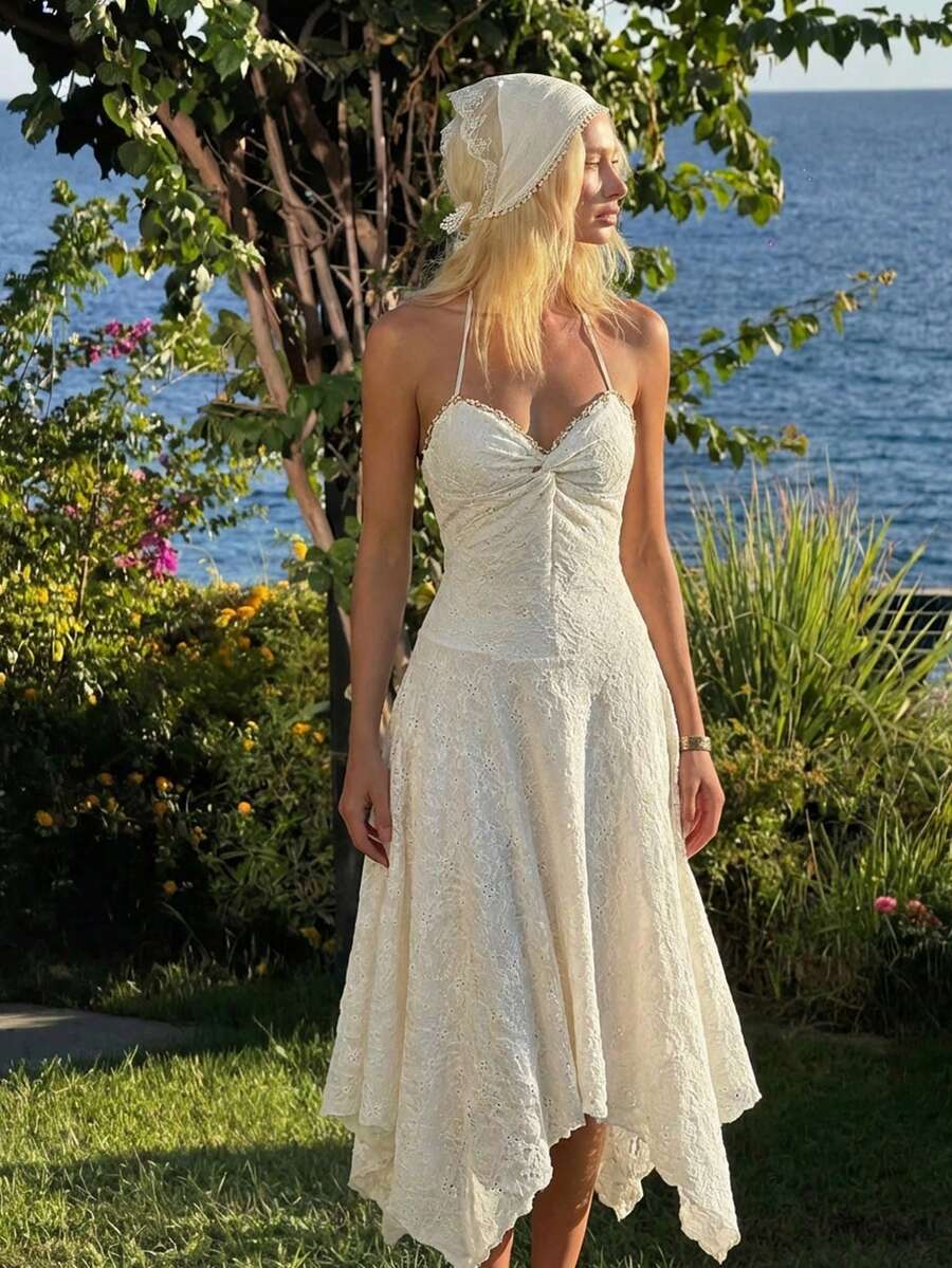 SHEIN MOD Vestido bege com babados na barra assimétrica e detalhe de nó torcido na gola – Ideal para encontros, festas, verão e primavera, férias de primavera, formaturas, encontros românticos, viagens, piqueniques, festivais e aniversários. - Damasco - Ver 1