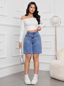SHEIN Tall Quần short denim ôm sát thời trang mùa hè dành cho nữ, thích hợp cho các bữa tiệc, dạo chơi, nghỉ lễ, du lịch. Thiết kế đính đá lấp lánh, trang trí đá, có túi. - Rửa trung bình - Xem 3