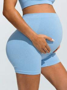 SHEIN Pantalones cortos de maternidad de unicolor, versátiles para uso diario y deportivo - Celeste - Ver 3