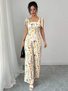 Rafferiza Women's Floral Print Jumpsuit, Fashionable For Spring/Summer Vacation - Apricot - View 5