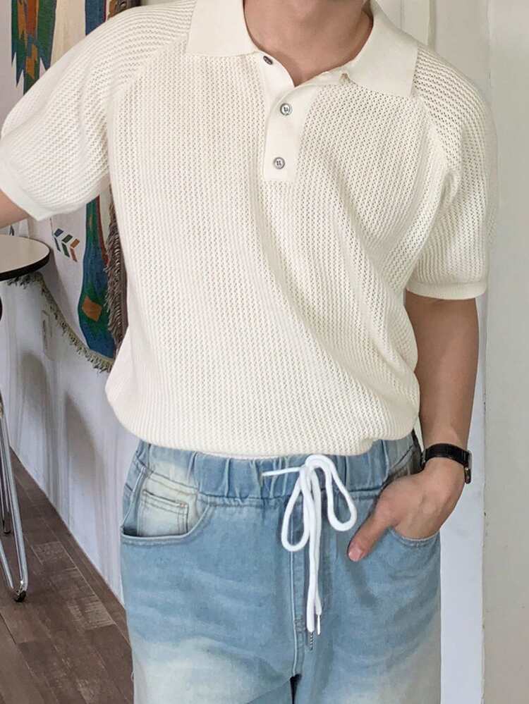 Men's White Polo Collar Knit Top