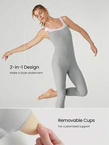 GLOWMODE 26'' FeatherFit™ 2 In 1 Contrast Strap Jumpsuit With Side Pockets Low Impact Yoga Pilates Daily Removable Cups - Grey - View 3