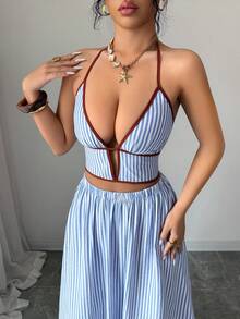 Arcane Artistry Bộ đồ đi nghỉ mát cho nữ màu xanh sọc, gợi cảm, cổ khoét sâu, áo crop top hai dây cổ chữ V sâu và chân váy maxi chữ A, trang phục đi biển cho nữ, trang phục mùa hè cho nữ, váy thường ngày cho nữ, chân váy maxi xanh cho nữ, trang phục nghỉ lễ cho nữ, trang phục đi nghỉ mát cho nữ, chân váy maxi đi biển. - Màu be - Xem 3
