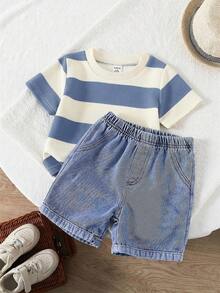 SHEIN 2pcs Baby Boy Casual Cute Black & White Striped Short Sleeve T-Shirt And Denim Shorts Set, Suitable For Spring/Summer - Dusty Blue - View 4