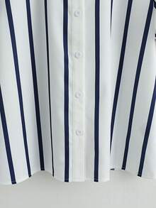 SHEIN PETITE Áo sơ mi nữ tay ngắn kẻ sọc cài một hàng khuy, trang phục thường ngày mùa hè. - Xanh và trắng - Xem 6