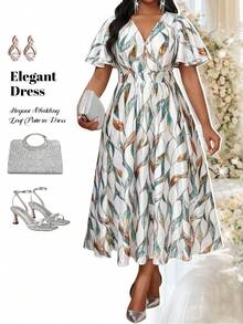 Fleurora Elegant White Summer Wedding Guest Dresses For Women,Bachelorette Party Holiday Allover Print Plus Size V Neck Flared Flounce Sleeve Satin Midi Dress - Multicolor - View 1