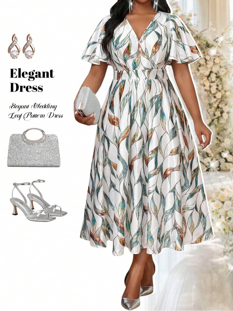 Fleurora Elegant White Summer Wedding Guest Dresses For Women,Bachelorette Party Holiday Allover Print Plus Size V Neck Flared Flounce Sleeve Satin Midi Dress - Multicolor - View 1