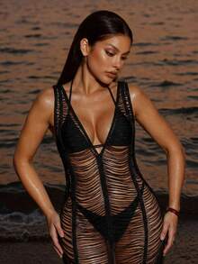 SHEIN Swim Summer Beach Plain Plunging Cover Up - Black - View 5