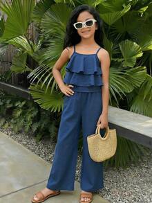 SHEIN Sparklyn Mädchen Urlaubsset, mehrlagiges Rüschen-Trägerhemd + Hose mit Blume Muster, elegant, geeignet für täglichen Ausgang, Strandtrip, Fotoshooting - Blau - Übersicht 4