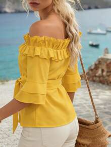 EMERY ROSE Blusa casual con hombros descubiertos y volantes para mujer - Amarillo - Ver 2
