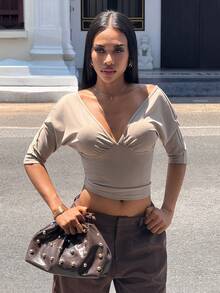 Slaydiva Áo kiểu nữ thanh lịch, giản dị, gợi cảm, cổ chữ V, tay lửng, thích hợp cho mùa hè. - Màu Khaki - Xem 7