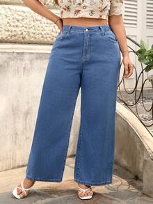 SHEIN ICON 大码女式高腰口袋阔腿宽松休闲牛仔裤 - 深色水洗藍 - 查看 1