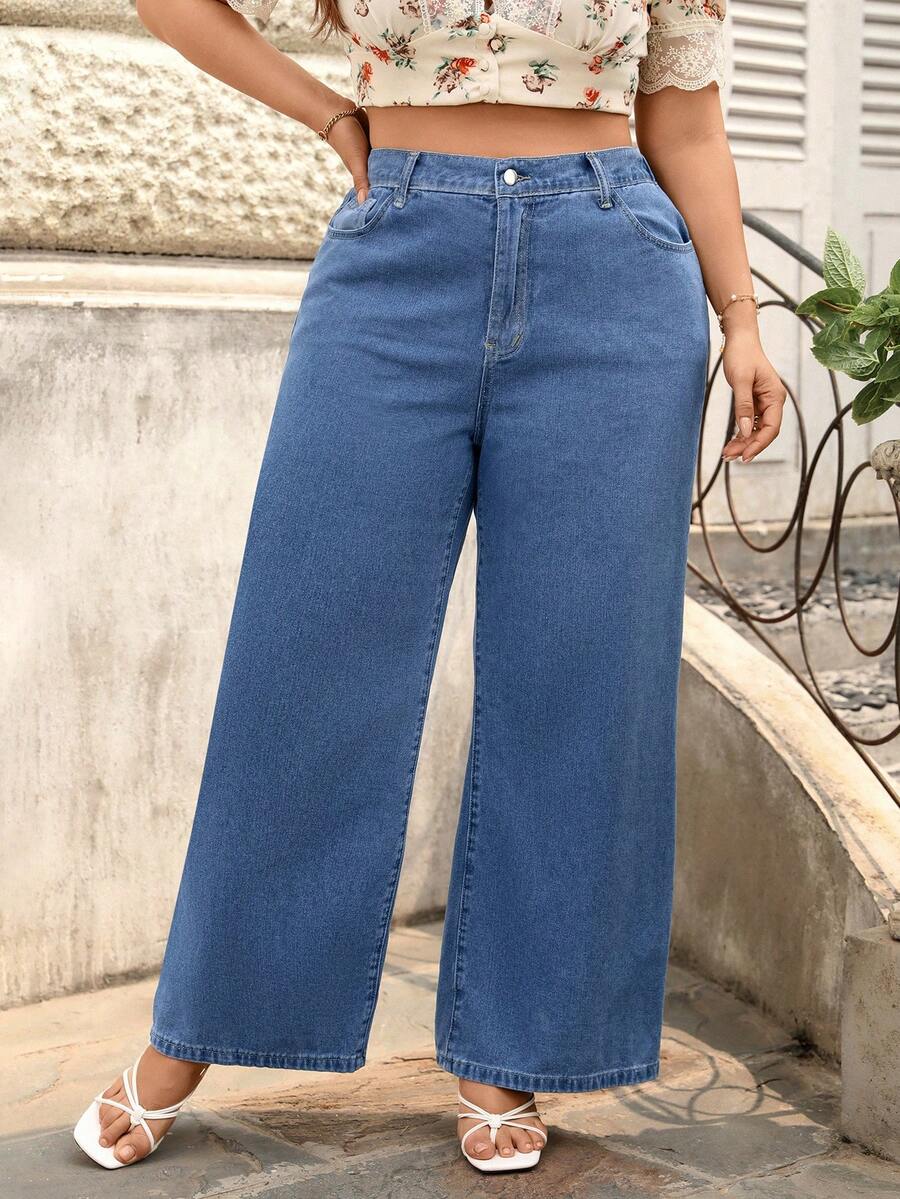 SHEIN ICON 大码女式高腰口袋阔腿宽松休闲牛仔裤 - 深色水洗藍 - 查看 1