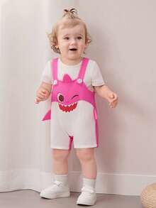 BABY SHARK X SHEIN Baby Girl Cartoon Print Cute Bib Shorts - Hot Pink - View 4